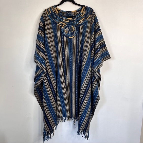 Jackets & Blazers - Blanket Poncho Embroidered Neckline Stripes One Size